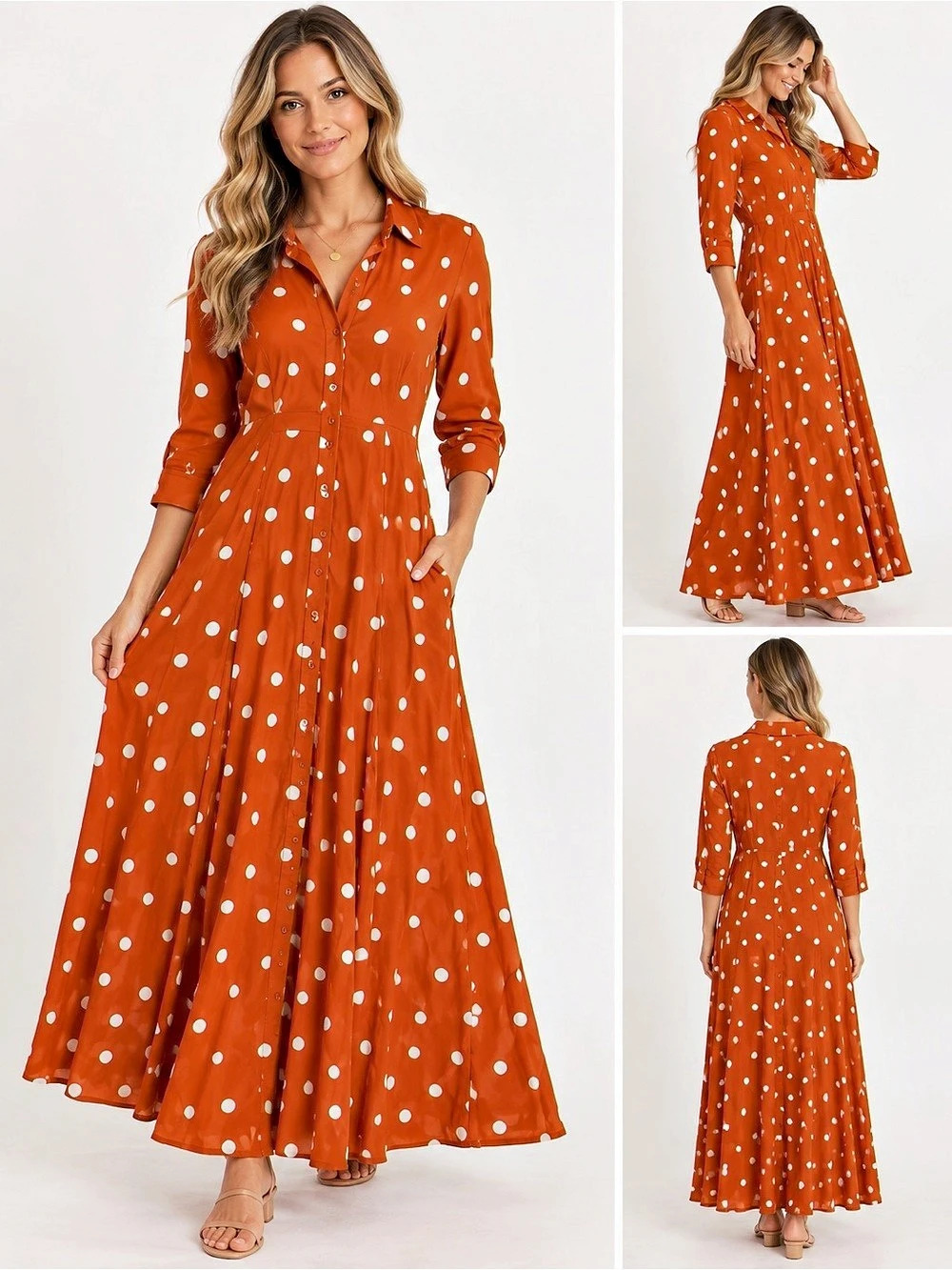 Philosophy Polka Dot Viscose Maxi Shirt Dress Rust Orange Size 14